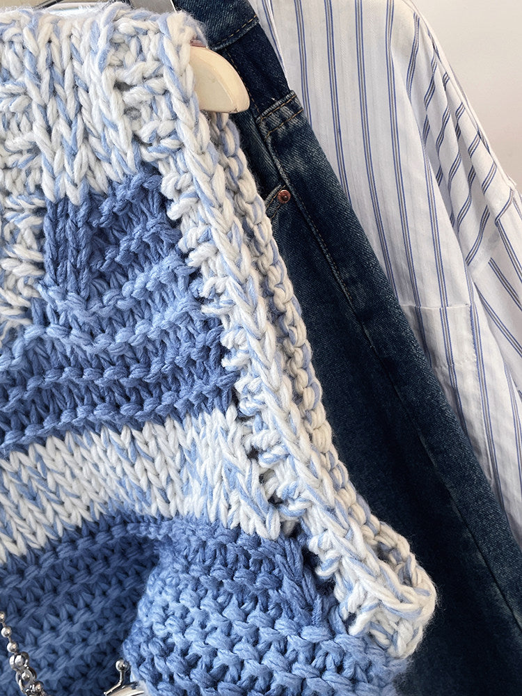 Blue Striped Chunky Knit Vest – Vintage Loose Preppy Sweater Top