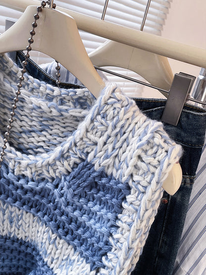 Blue Striped Chunky Knit Vest – Vintage Loose Preppy Sweater Top