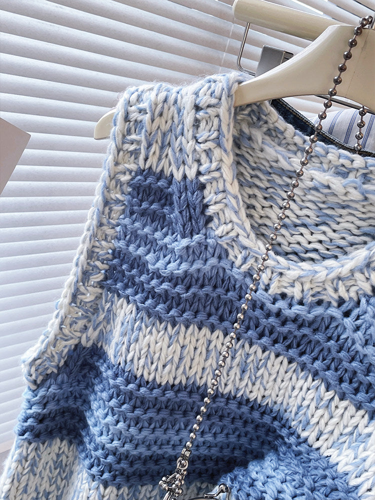 Blue Striped Chunky Knit Vest – Vintage Loose Preppy Sweater Top