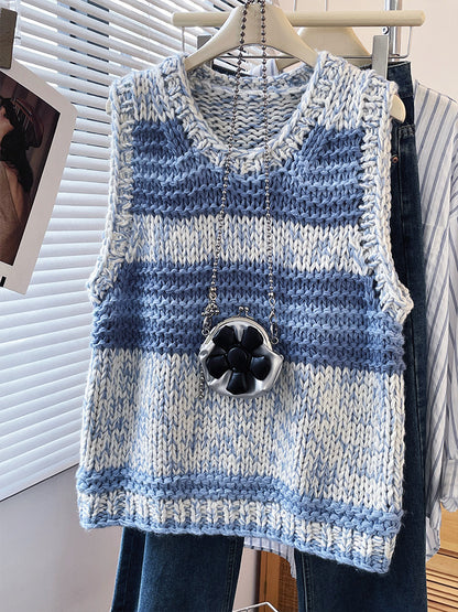 Blue Striped Chunky Knit Vest – Vintage Loose Preppy Sweater Top