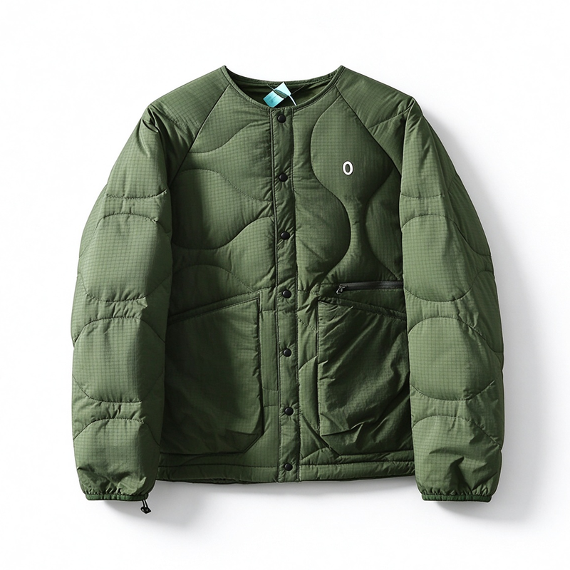 Collarless Down Jacket – Wave Quilting & Snap Front