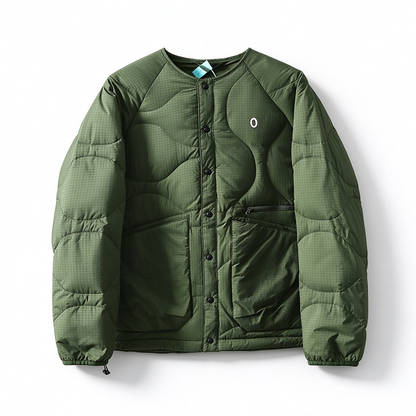 Collarless Down Jacket – Wave Quilting & Snap Front