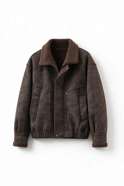 Faux Leather Jacket – Aged Finish & Fleece Collar