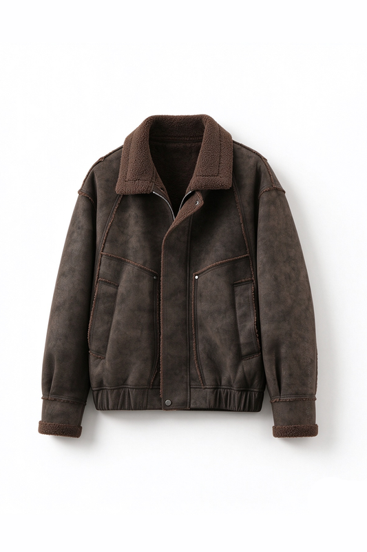 Faux Leather Jacket – Aged Finish & Fleece Collar