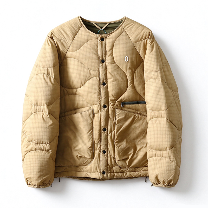 Collarless Down Jacket – Wave Quilting & Snap Front