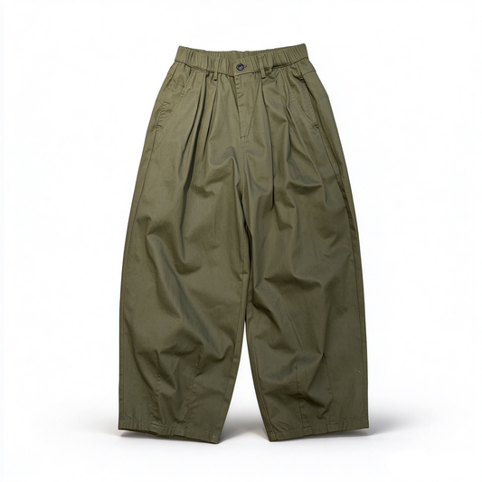 Cotton-Blend Wide-Leg Pants – Pleats & Elastic Waist | Yamalinclothes | Vintage workwear outfit