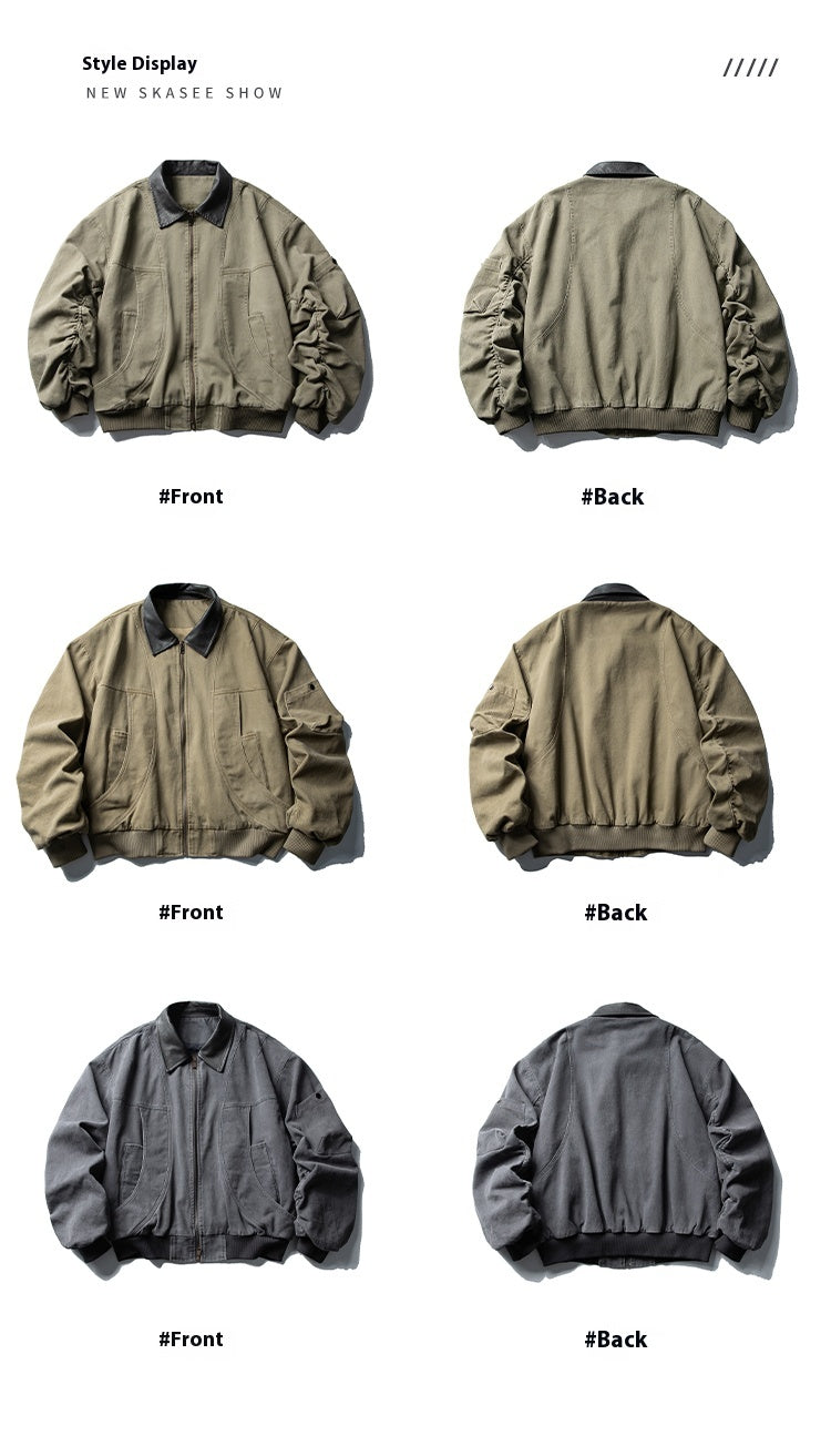 Vintage Washed Leather-Collar Cargo Jacket – Loose Barn Style (Unisex)