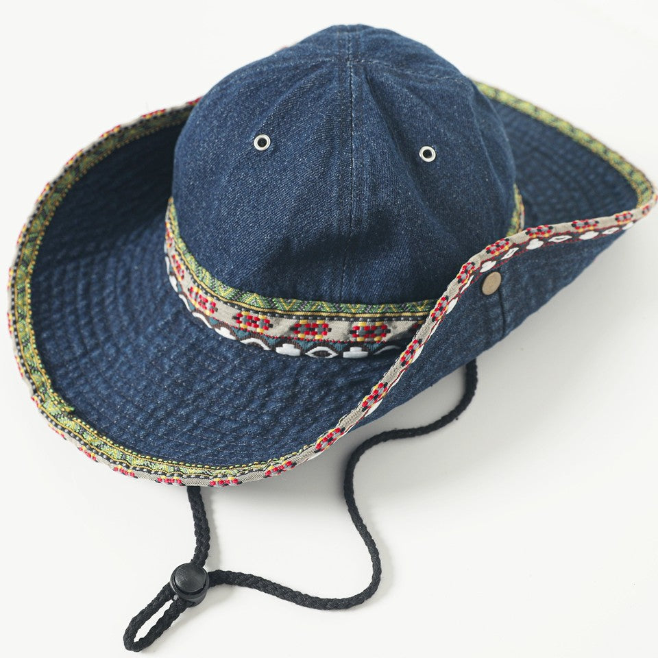Ethnic style retro denim bucket hat for women, summer outdoor sun protection hat, camping, hiking, fishing, sun hat for men