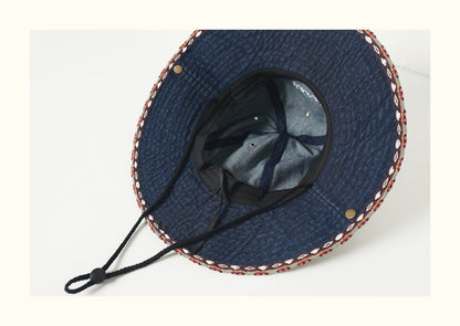 Ethnic style retro denim bucket hat for women, summer outdoor sun protection hat, camping, hiking, fishing, sun hat for men