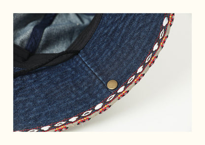 Ethnic style retro denim bucket hat for women, summer outdoor sun protection hat, camping, hiking, fishing, sun hat for men