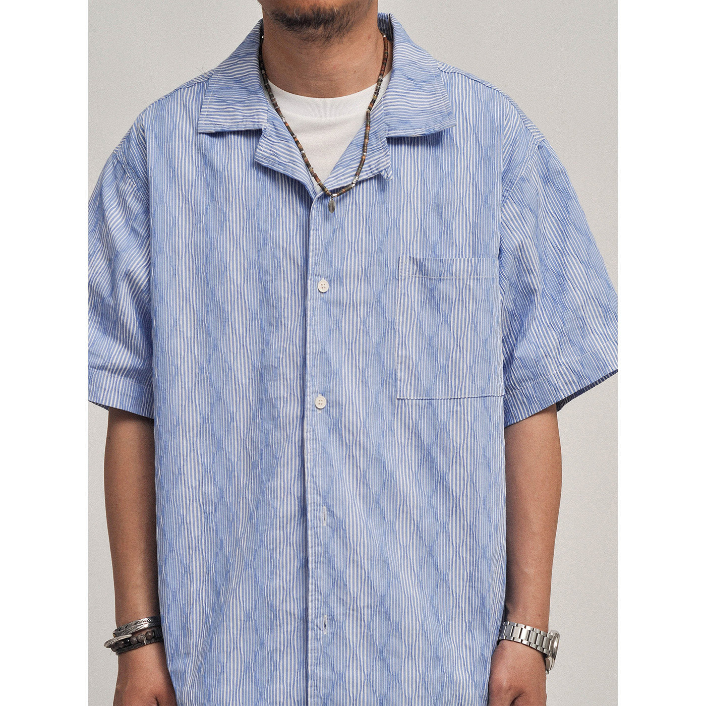 Hawaiian Wave Print Cuban Collar Short Sleeve Shirt - Loose Relaxed Summer Vacation Shirt for Men