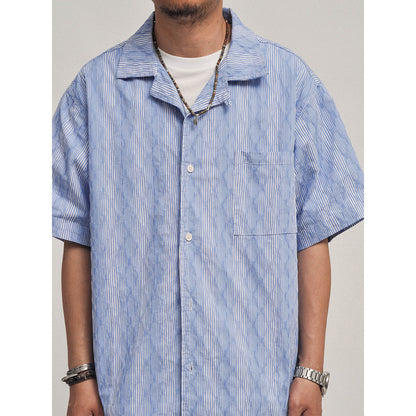 Hawaiian Wave Print Cuban Collar Short Sleeve Shirt - Loose Relaxed Summer Vacation Shirt for Men