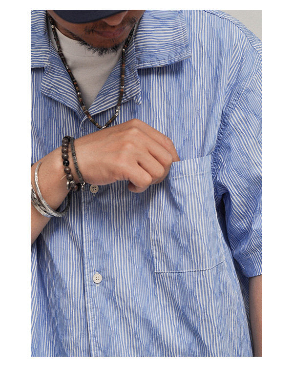 Hawaiian Wave Print Cuban Collar Short Sleeve Shirt - Loose Relaxed Summer Vacation Shirt for Men