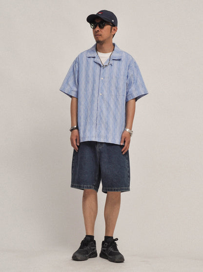 Hawaiian Wave Print Cuban Collar Short Sleeve Shirt - Loose Relaxed Summer Vacation Shirt for Men