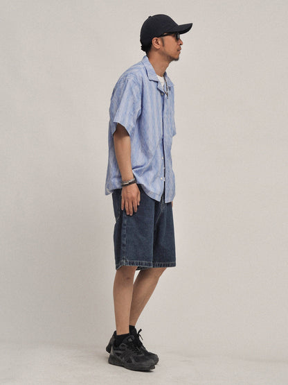 Hawaiian Wave Print Cuban Collar Short Sleeve Shirt - Loose Relaxed Summer Vacation Shirt for Men