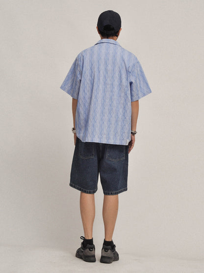 Hawaiian Wave Print Cuban Collar Short Sleeve Shirt - Loose Relaxed Summer Vacation Shirt for Men