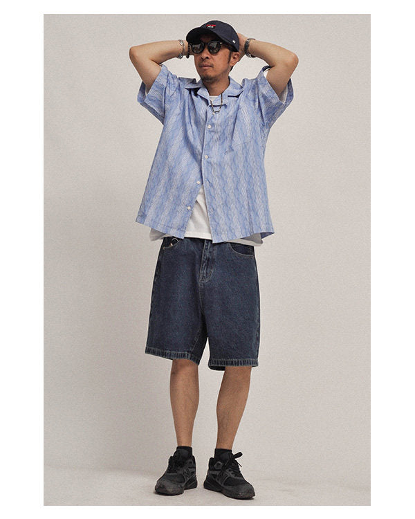 Hawaiian Wave Print Cuban Collar Short Sleeve Shirt - Loose Relaxed Summer Vacation Shirt for Men