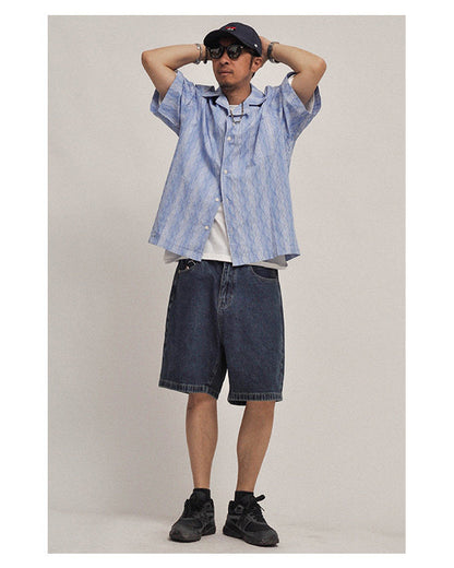 Hawaiian Wave Print Cuban Collar Short Sleeve Shirt - Loose Relaxed Summer Vacation Shirt for Men