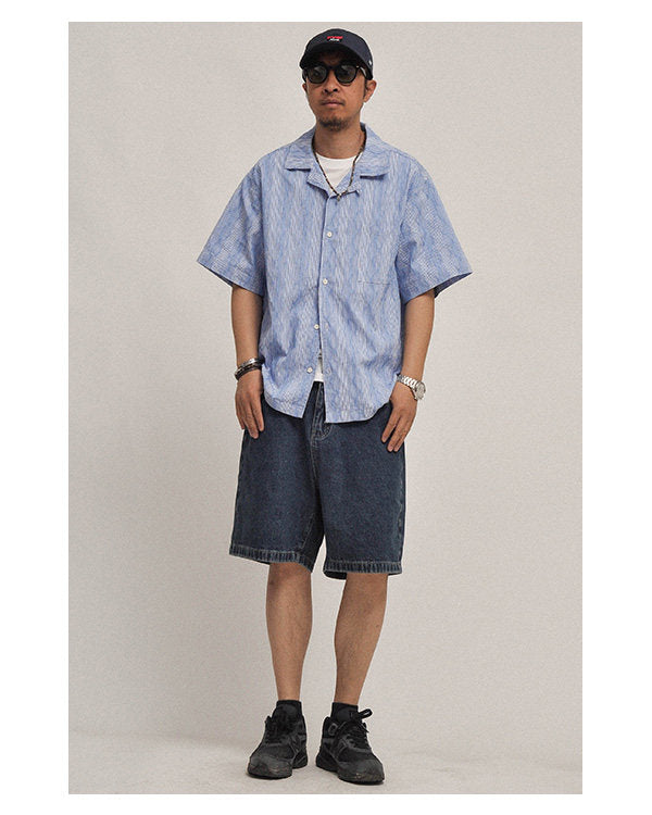 Hawaiian Wave Print Cuban Collar Short Sleeve Shirt - Loose Relaxed Summer Vacation Shirt for Men