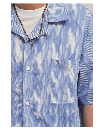 Hawaiian Wave Print Cuban Collar Short Sleeve Shirt - Loose Relaxed Summer Vacation Shirt for Men