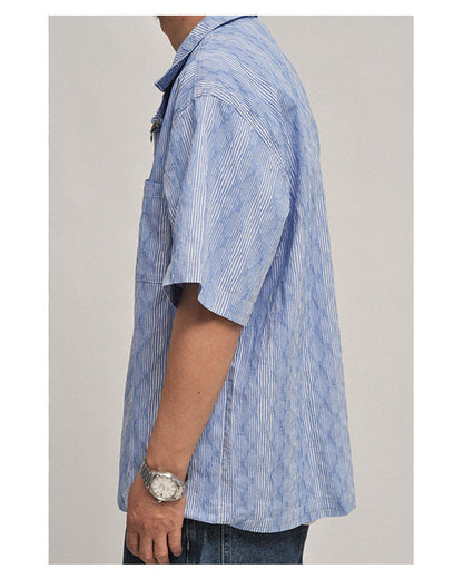 Hawaiian Wave Print Cuban Collar Short Sleeve Shirt - Loose Relaxed Summer Vacation Shirt for Men