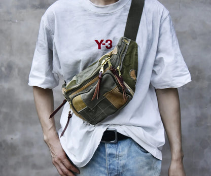 Vintage Distressed Patchwork Crossbody Chest Bag – Japanese Streetwear Unisex Fanny Pack – Japanese vintage | yamalin clothes | Yamalinclothes