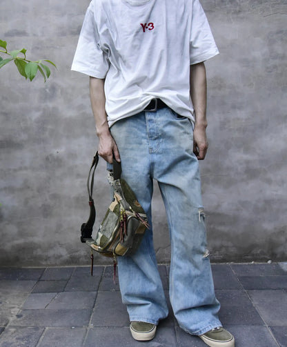 Vintage Distressed Patchwork Crossbody Chest Bag – Japanese Streetwear Unisex Fanny Pack – Japanese vintage | yamalin clothes | Yamalinclothes