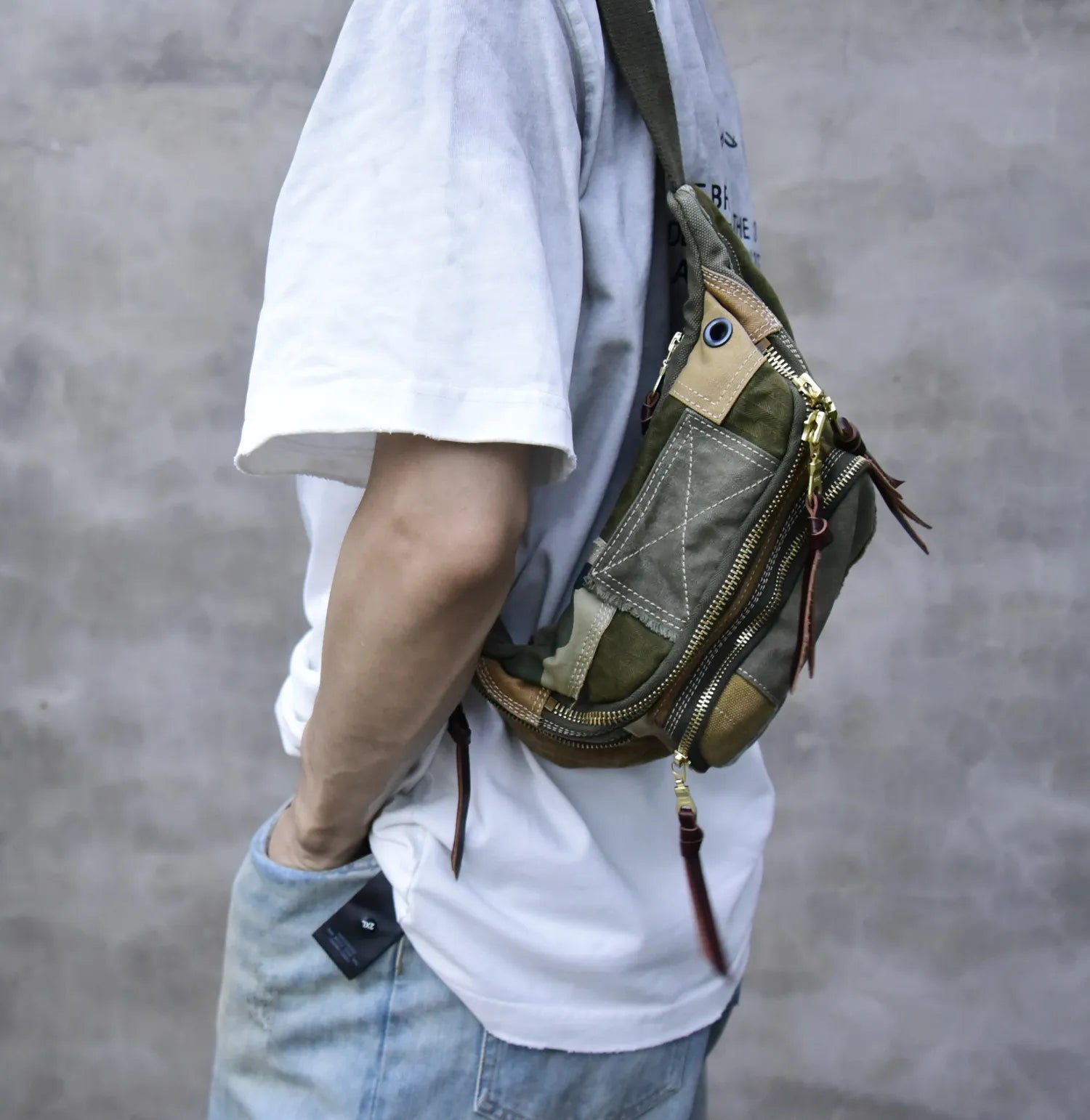 Vintage Distressed Patchwork Crossbody Chest Bag – Japanese Streetwear Unisex Fanny Pack – Japanese vintage | yamalin clothes | Yamalinclothes