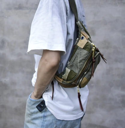 Vintage Distressed Patchwork Crossbody Chest Bag – Japanese Streetwear Unisex Fanny Pack – Japanese vintage | yamalin clothes | Yamalinclothes