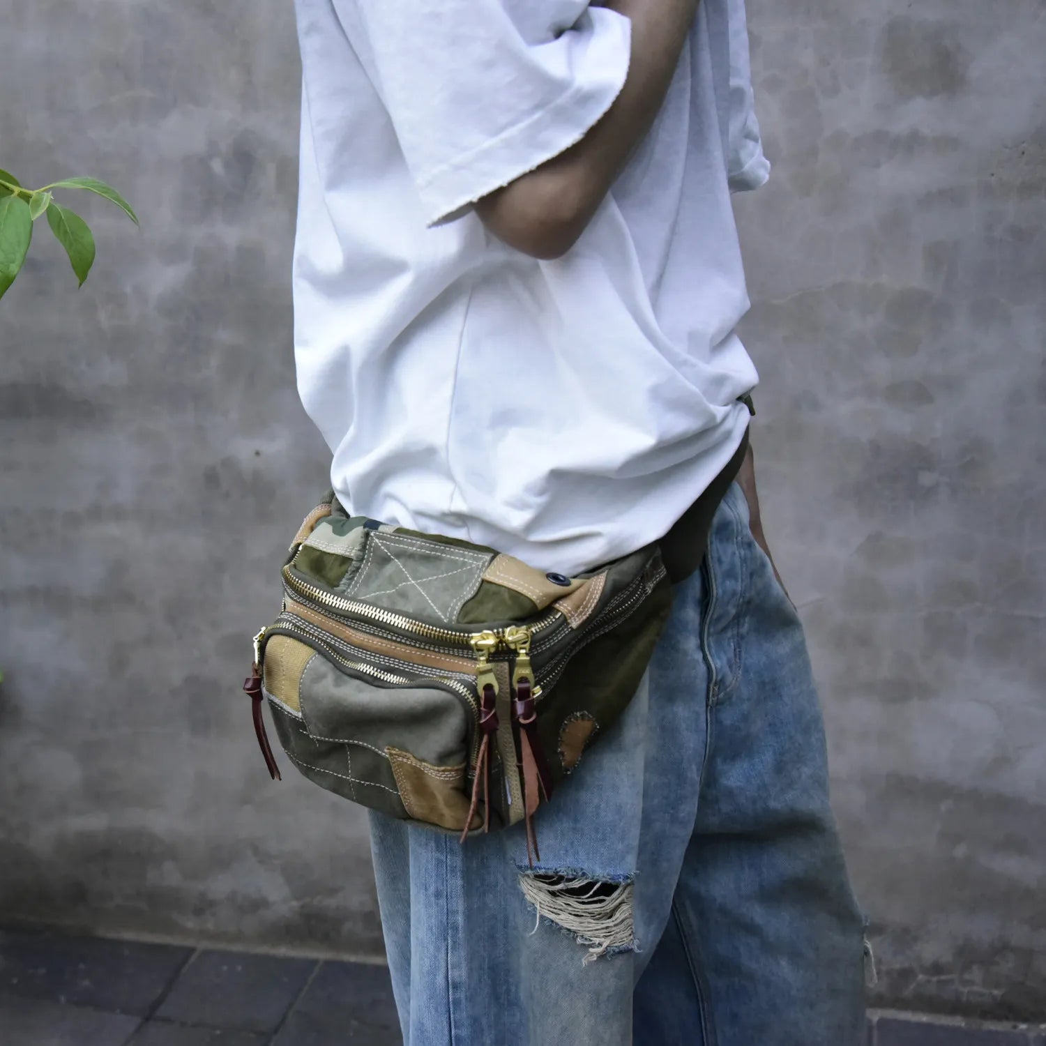 Vintage Distressed Patchwork Crossbody Chest Bag – Japanese Streetwear Unisex Fanny Pack – Japanese vintage | yamalin clothes | Yamalinclothes