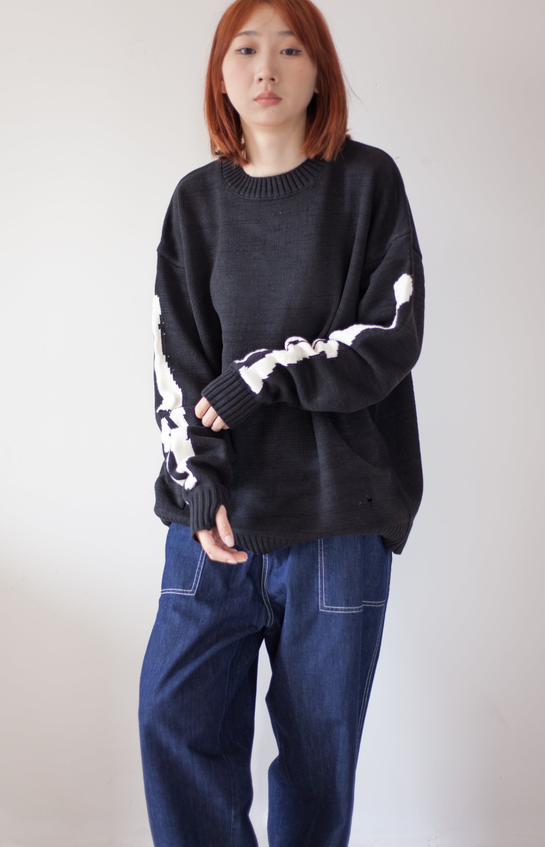 Japanese fall black knitted vintage skull  Crew Neck Pullover sweater s