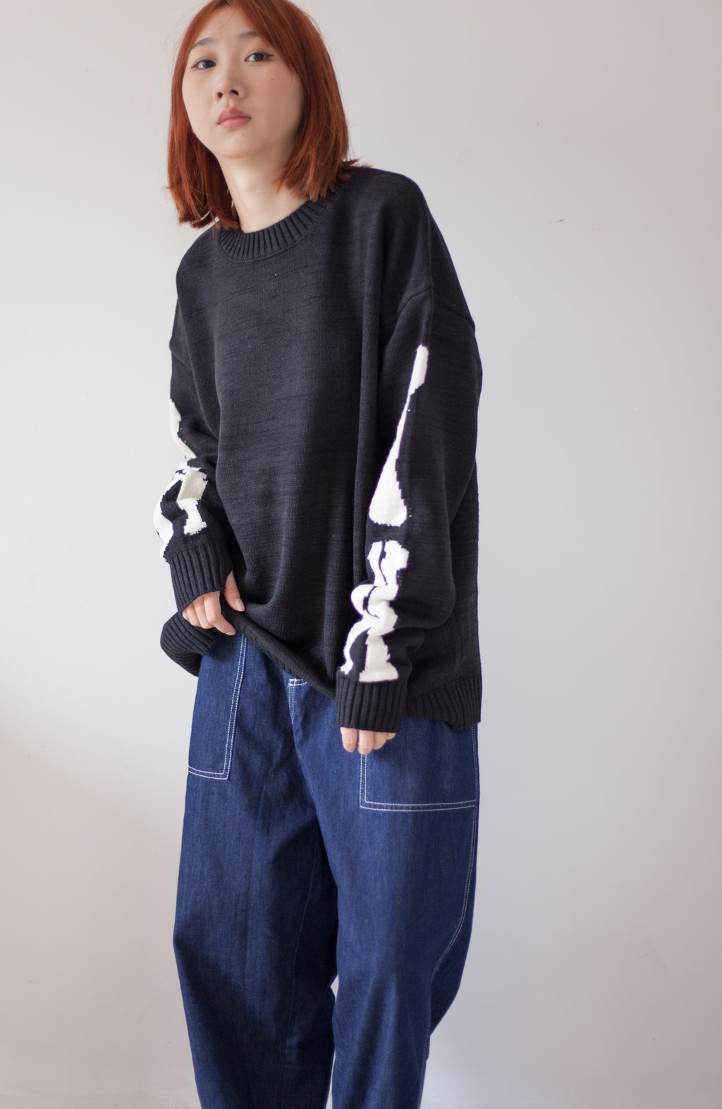 Japanese fall black knitted vintage skull  Crew Neck Pullover sweater s
