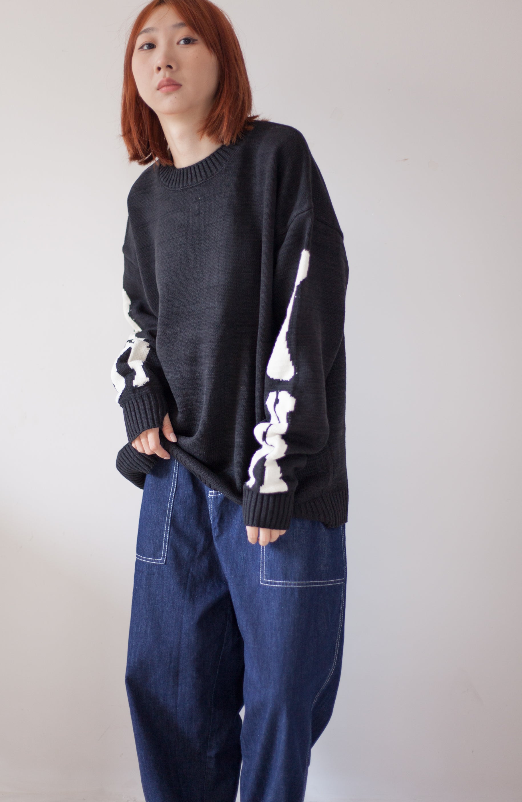 Japanese fall black knitted vintage skull  Crew Neck Pullover sweater s