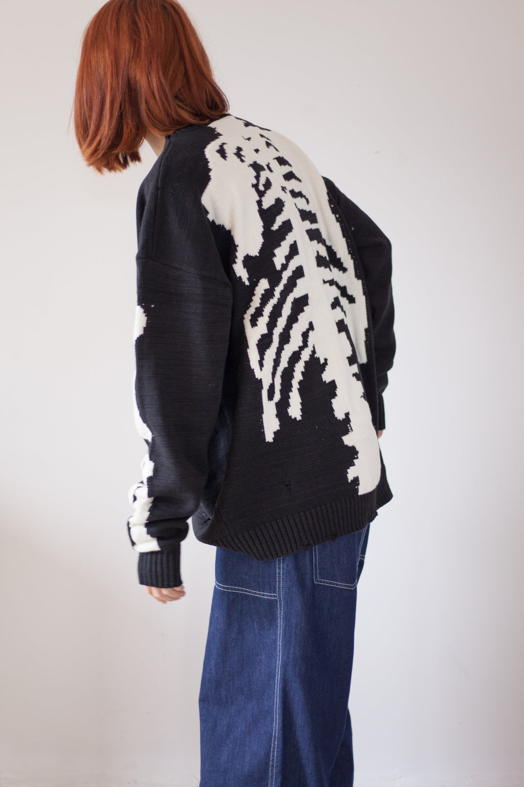 Japanese fall black knitted vintage skull  Crew Neck Pullover sweater s