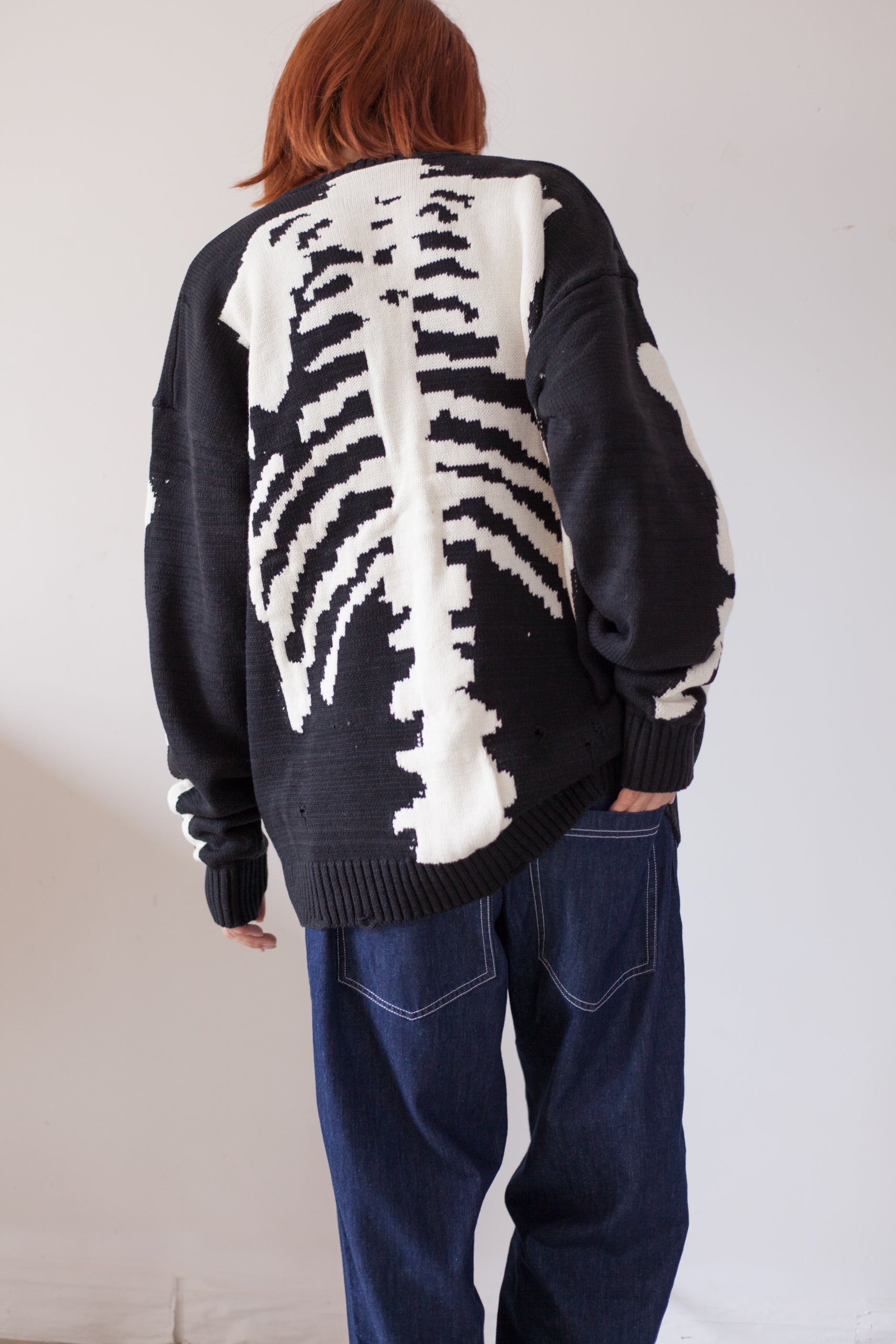 Japanese fall black knitted vintage skull  Crew Neck Pullover sweater s