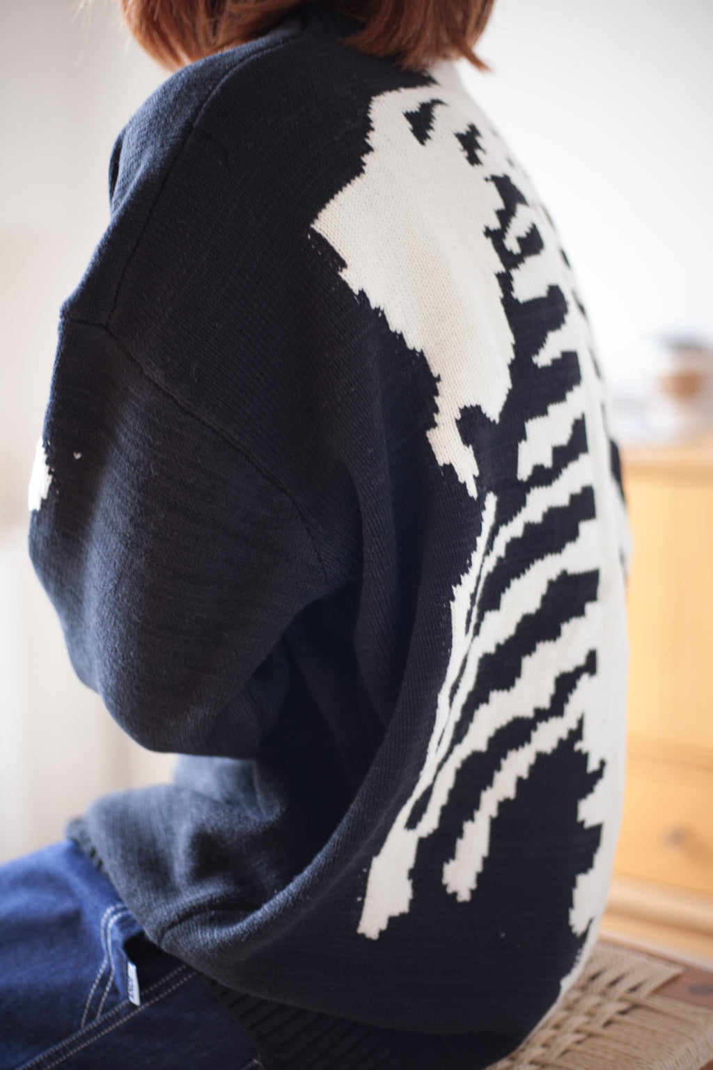 Japanese fall black knitted vintage skull  Crew Neck Pullover sweater s