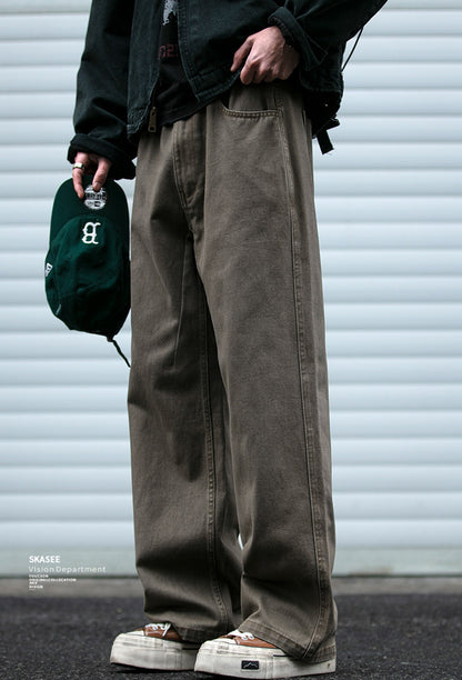 Japanese Vintage Distressed Cargo Pants Men – Pleated Bootcut Wide Leg Cotton Trousers