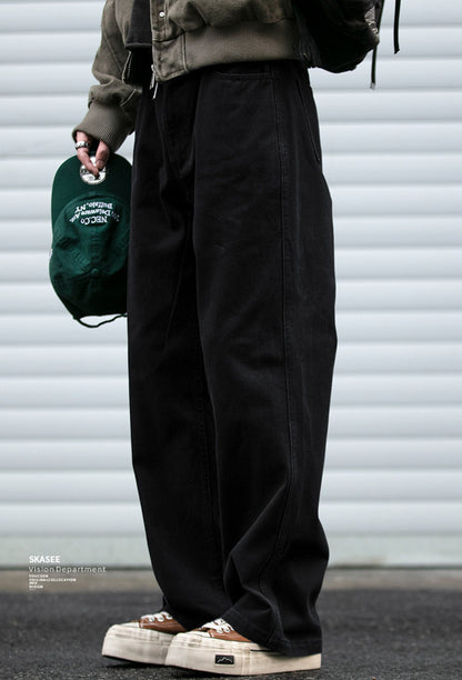 Japanese Vintage Distressed Cargo Pants Men – Pleated Bootcut Wide Leg Cotton Trousers