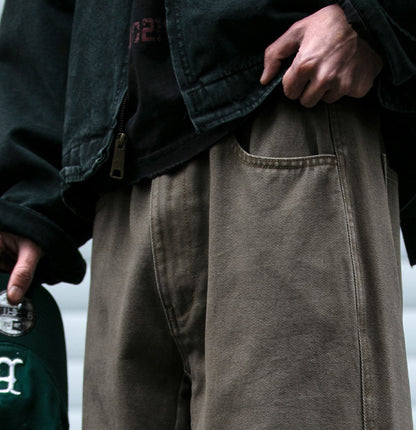 Japanese Vintage Distressed Cargo Pants Men – Pleated Bootcut Wide Leg Cotton Trousers