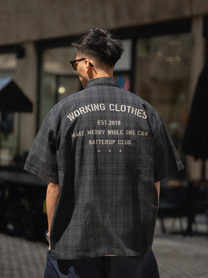 Japanese Loose Plaid Cityboy Letter Pure Cotton Short Sleeve Shirt - Versatile Casual Streetwear Top for Men | Japanese vintage | yamalin clothes | Yamalinclothes