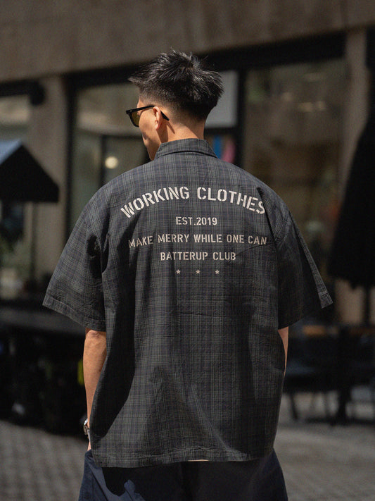 Japanese Loose Plaid Cityboy Letter Pure Cotton Short Sleeve Shirt - Versatile Casual Streetwear Top for Men | Japanese vintage | yamalin clothes | Yamalinclothes