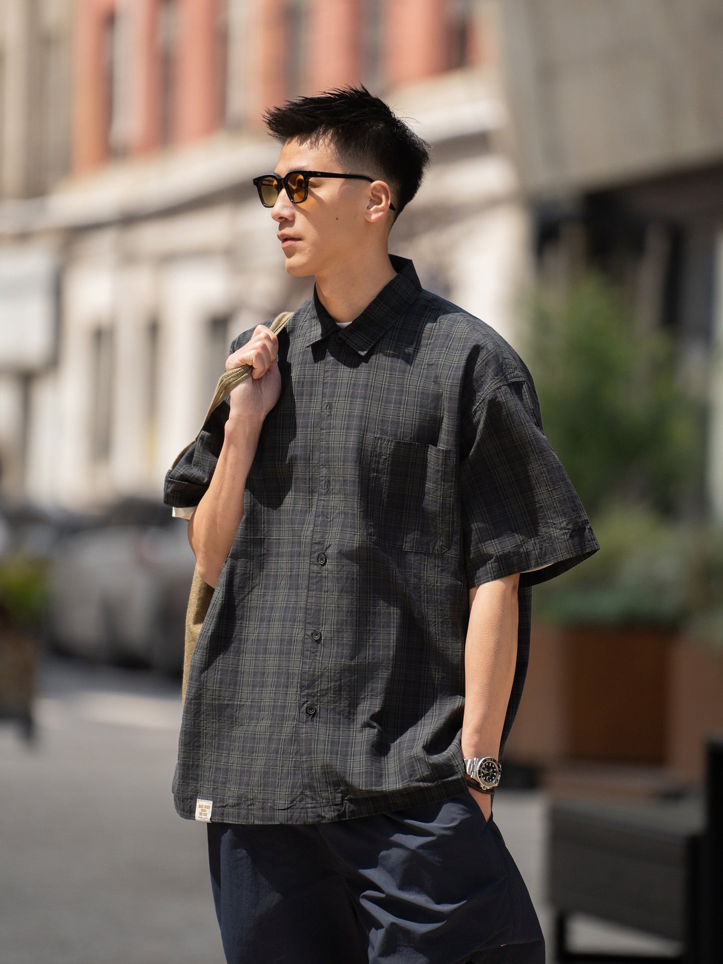 Japanese Loose Plaid Cityboy Letter Pure Cotton Short Sleeve Shirt - Versatile Casual Streetwear Top for Men | Japanese vintage | yamalin clothes | Yamalinclothes