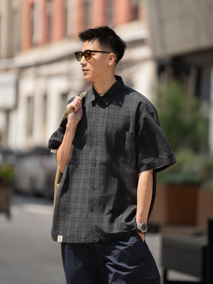 Japanese Loose Plaid Cityboy Letter Pure Cotton Short Sleeve Shirt - Versatile Casual Streetwear Top for Men | Japanese vintage | yamalin clothes | Yamalinclothes