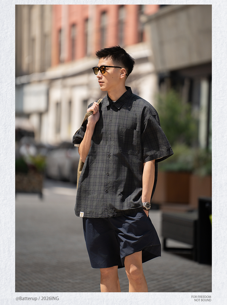 Japanese Loose Plaid Cityboy Letter Pure Cotton Short Sleeve Shirt - Versatile Casual Streetwear Top for Men | Japanese vintage | yamalin clothes | Yamalinclothes