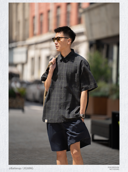 Japanese Loose Plaid Cityboy Letter Pure Cotton Short Sleeve Shirt - Versatile Casual Streetwear Top for Men | Japanese vintage | yamalin clothes | Yamalinclothes