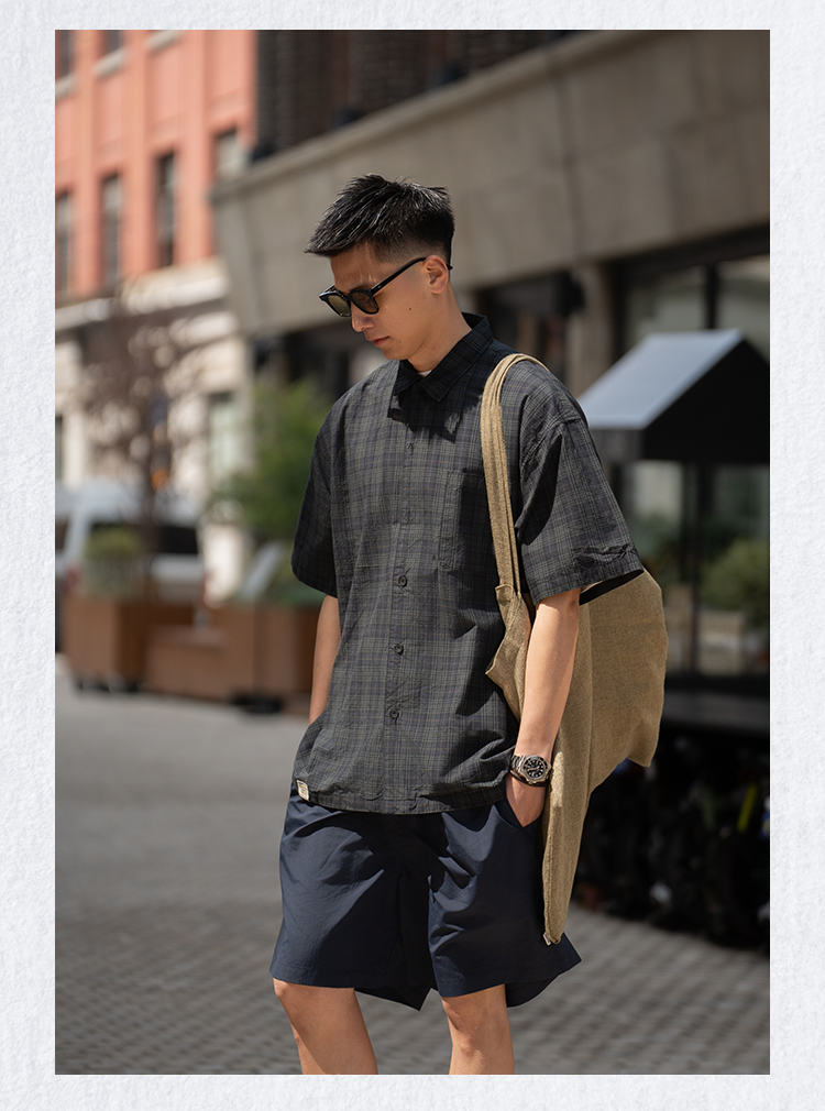 Japanese Loose Plaid Cityboy Letter Pure Cotton Short Sleeve Shirt - Versatile Casual Streetwear Top for Men | Japanese vintage | yamalin clothes | Yamalinclothes