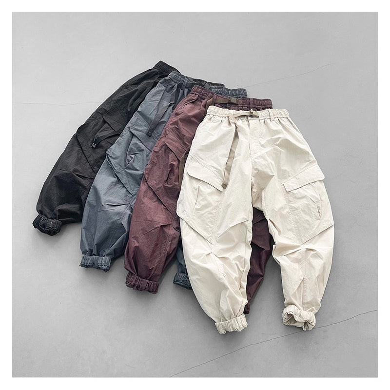 Japanese retro summer thin cargo pants loose wide-leg quick-drying multi-pocket dad pants men's legging casual pants