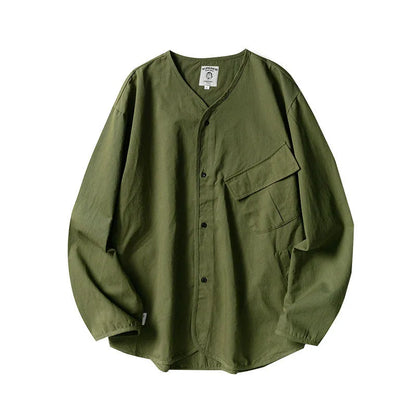 Japanese style men and women loose collarless tooling insert pocket casual all-match jacket shirt details full score