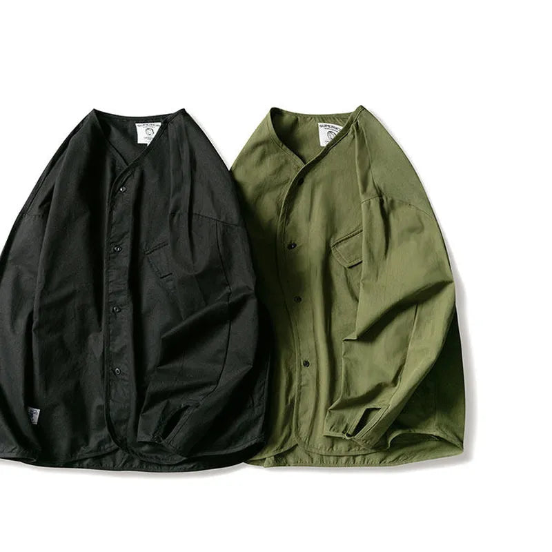 Japanese style men and women loose collarless tooling insert pocket casual all-match jacket shirt details full score