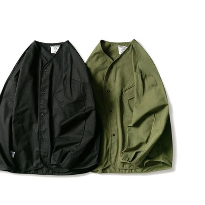 Japanese style men and women loose collarless tooling insert pocket casual all-match jacket shirt details full score